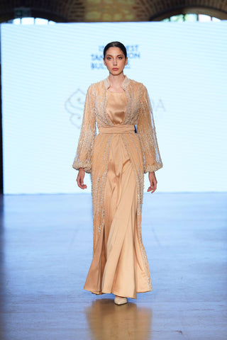 Golden Mirage Balcanian Pearl-Embellished Satin Gown – Gold Beige