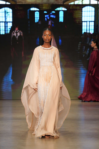 Silk Goldwave Balcanian Pearl-Embellished Silk Gown – Gold Beige