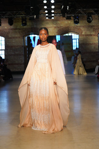 Silk Goldwave Balcanian Pearl-Embellished Silk Gown – Gold Beige