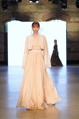 Emerald Echo Balcanian Pearl-Embroidered Silk Gown – Gold Beige