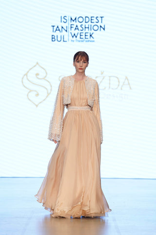 Emerald Echo Balcanian Pearl-Embroidered Silk Gown – Gold Beige