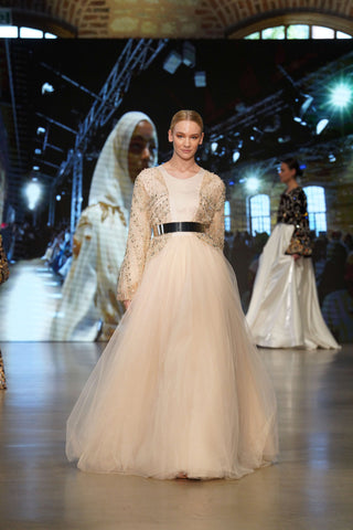 Diamond Whisper Balcanian Pearl-Embroidered Tulle Gown – Champagne