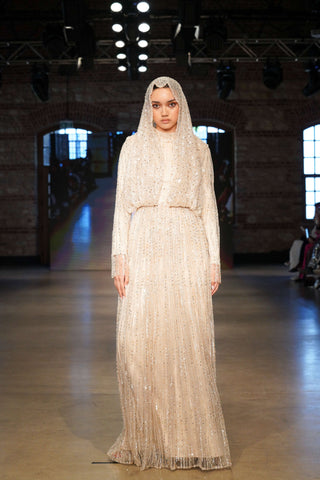 Gemstone Aura Balcanian Pearl-Embellished Gown – Beige