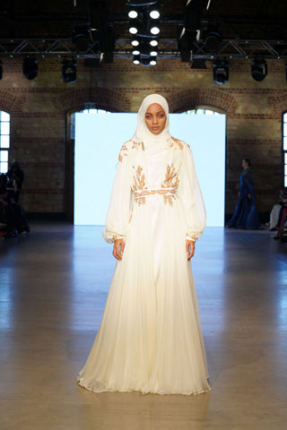 Pure Majesty Balcanian Embellished Silk Gown – White