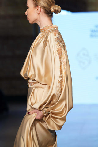 Imperial Whisper Balcanian Embellished Satin Gown – Gold