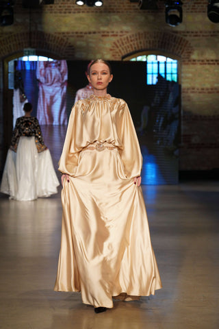 Imperial Whisper Balcanian Embellished Satin Gown – Gold