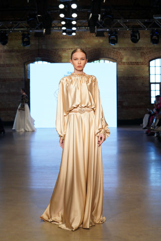 Imperial Whisper Balcanian Embellished Satin Gown – Gold