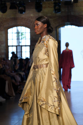 Golden Shadow Balcanian Embellished Satin Gown – Gold