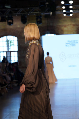 Sapphire Dust Balcanian Embellished Silk Gown – Brown