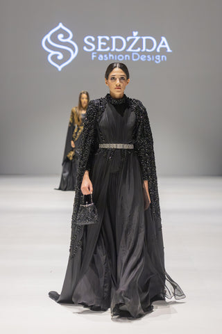 Moonlit Gem Embellished Silk Gown – Black