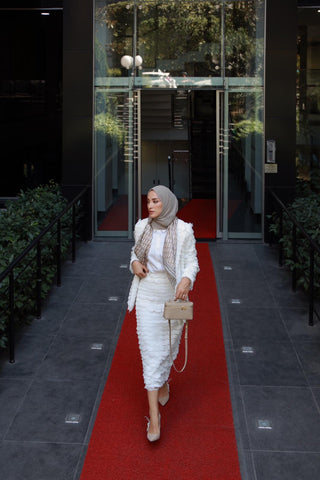 Textured Fringe Skirt & Jacket Set – White