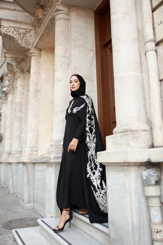 Couture Embroidered Crepe Dress – Black