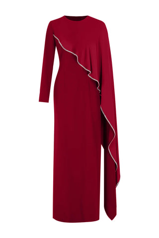 Embellished Draped Asymmetric Evening Gown – Red