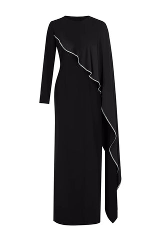Embellished Draped Asymmetric Evening Gown – Black