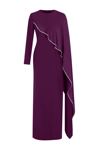 Embellished Draped Asymmetric Evening Gown – Plum