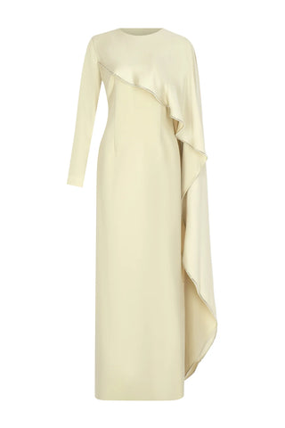 Embellished Draped Asymmetric Evening Gown – Cream