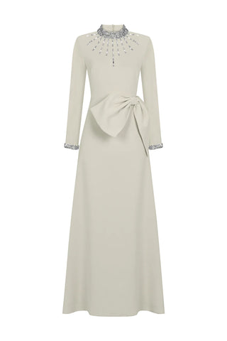 Embellished Bow Detail Evening Gown – Beige