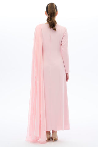 Powder Pink One-Shoulder Cape Detail Maxi Dress