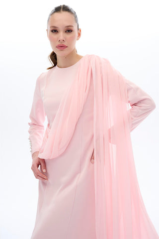 Powder Pink One-Shoulder Cape Detail Maxi Dress