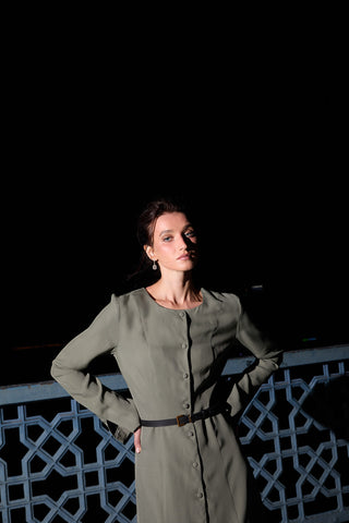 Tencel Button-Front Long Dress – Khaki