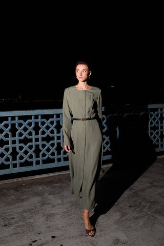 Tencel Button-Front Long Dress – Khaki