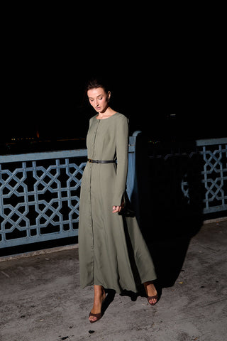 Tencel Button-Front Long Dress – Khaki