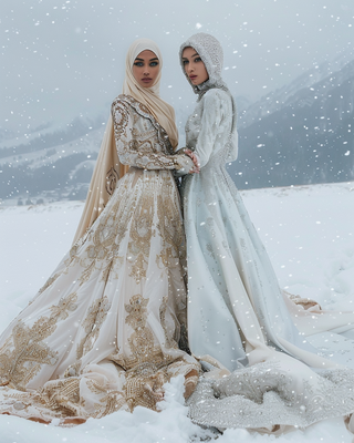 Two women in elaborate dresses standing in a snowy landscape with mountains in the background.