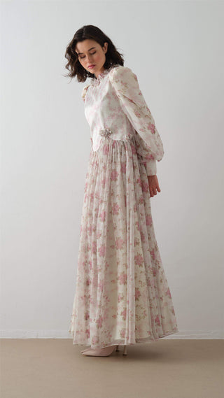 Satin and Chiffon Maxi Dress - Ecru