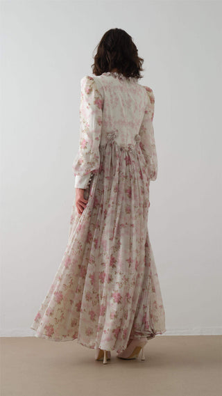 Satin and Chiffon Maxi Dress - Ecru