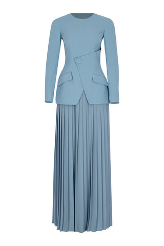 Asymmetric Pleated Evening Dress – Light Blue