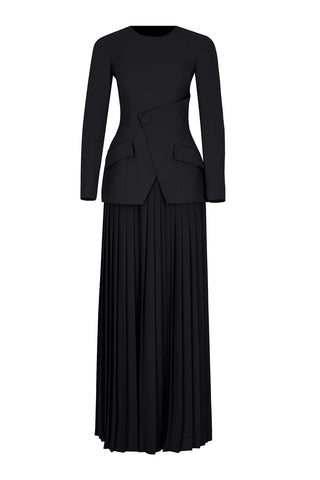 Asymmetric Pleated Evening Dress – Black