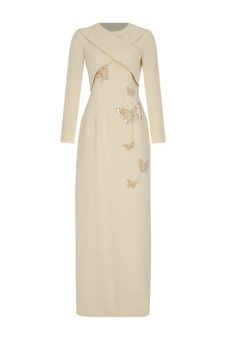 Embroidered Long-Sleeve Evening Dress – Beige