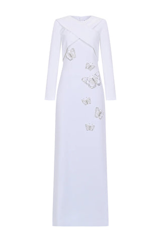 Embroidered Long-Sleeve Evening Dress – White