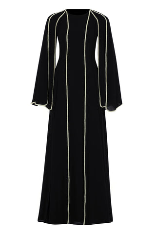 Long Cape-Sleeve Embellished Evening Dress – Black