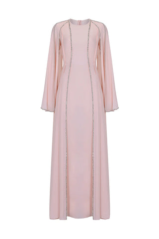 Long Cape-Sleeve Embellished Evening Dress – Powder Pink