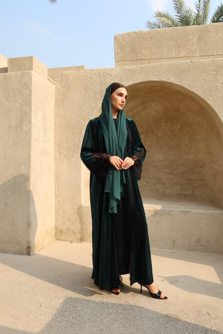 Velvet Lace Abaya – Dark Green