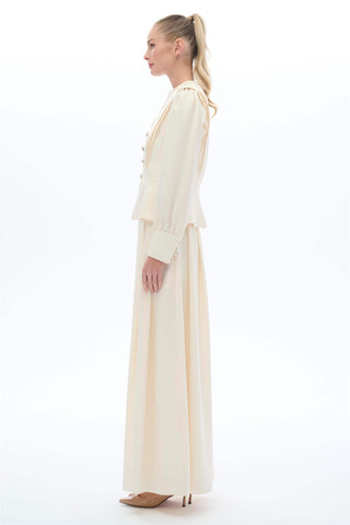 Vintage-Inspired Pleated Skirt and Button Detail Blouse Set – Ecru