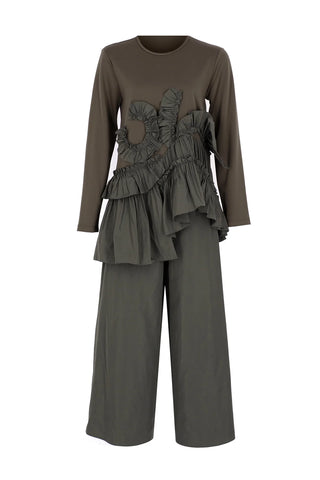 Volan Detailed Tunic & Wide-Leg Pants Set – Dark Mink