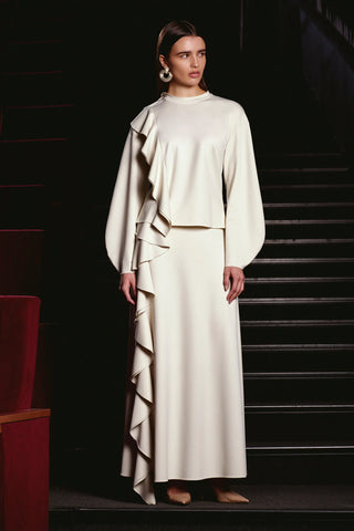 Ruffled High-Neck Blouse & Skirt Set – Beige