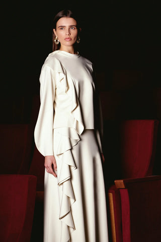 Ruffled High-Neck Blouse & Skirt Set – Beige