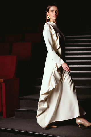 Ruffled High-Neck Blouse & Skirt Set – Beige