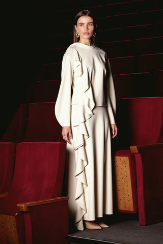 Ruffled High-Neck Blouse & Skirt Set – Beige