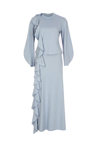 Ruffled High-Neck Blouse & Skirt Set – Light Blue