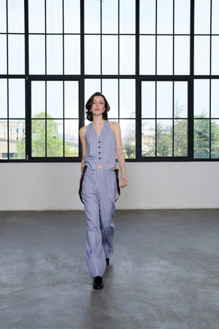 Lumila Checked Wide-Leg Trousers - Blue