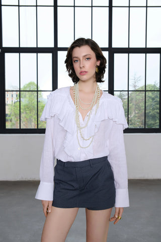 Romantic Ruffle Linen-Cotton Blouse - White