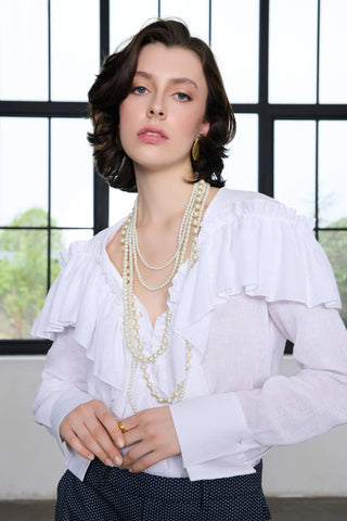 Romantic Ruffle Linen-Cotton Blouse - White