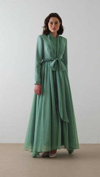 Scarf-Collar Jacket and Dress Set - Green