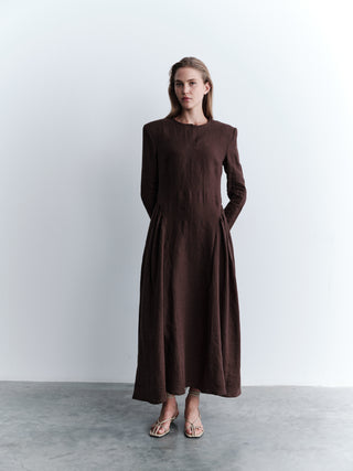 Linen Maxi Dress with Side Gathering - Brown