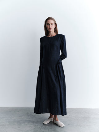 Linen Maxi Dress with Side Gathering - Navy