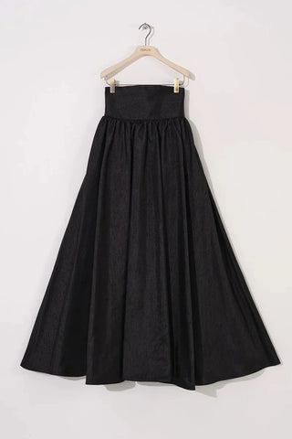High-Waisted Corset-Panel Flared Maxi Skirt – Black